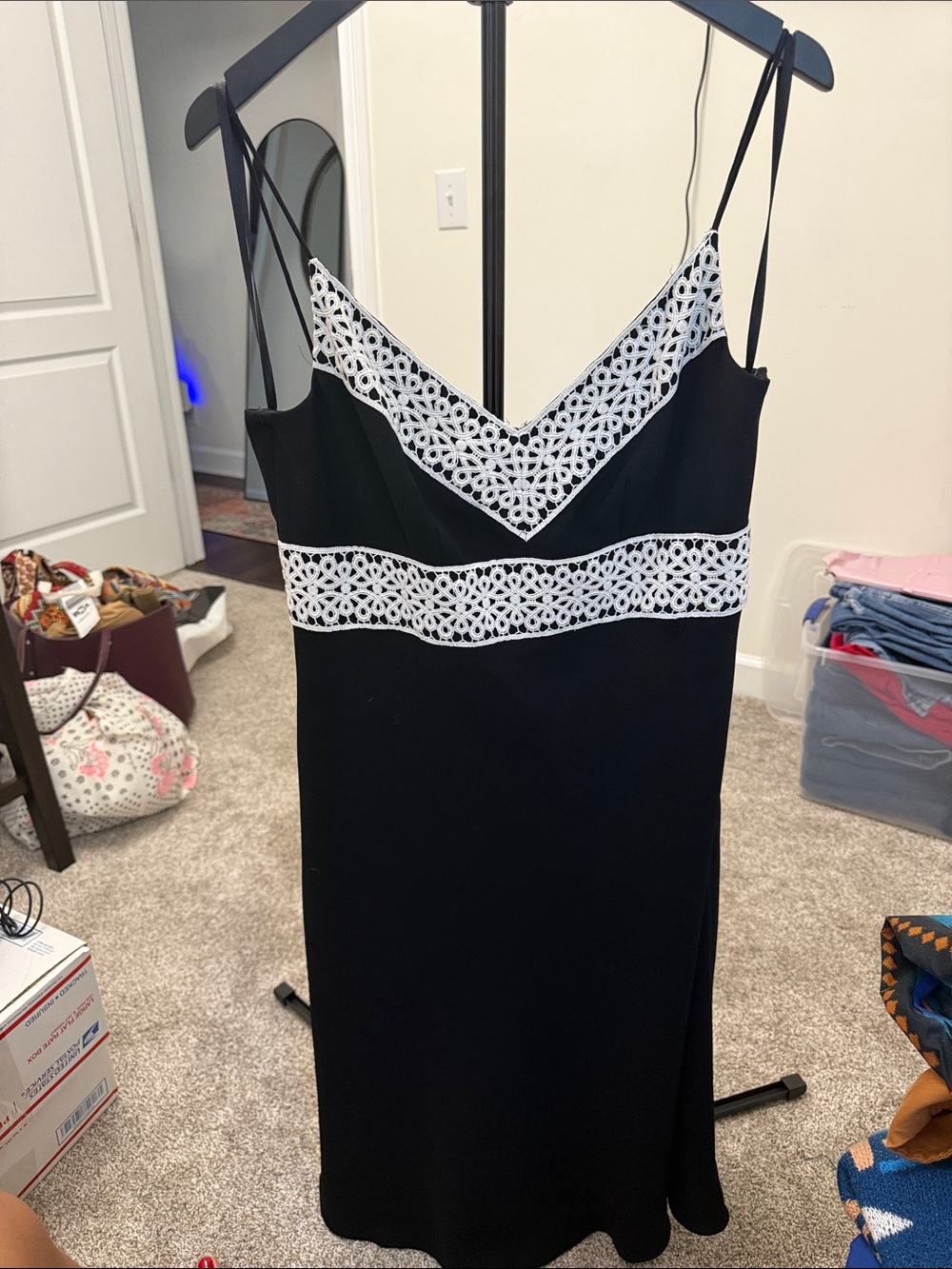 Ann Taylor Black Midi Slip Dress with White Lace Trim